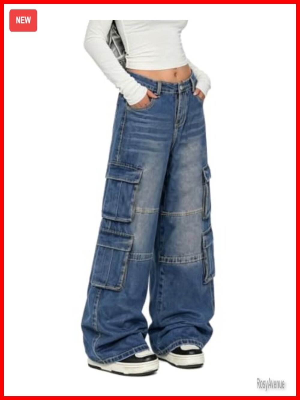 Wide Leg Baggy Cargo Jeans High Rise Stretch Denim Streetwear
